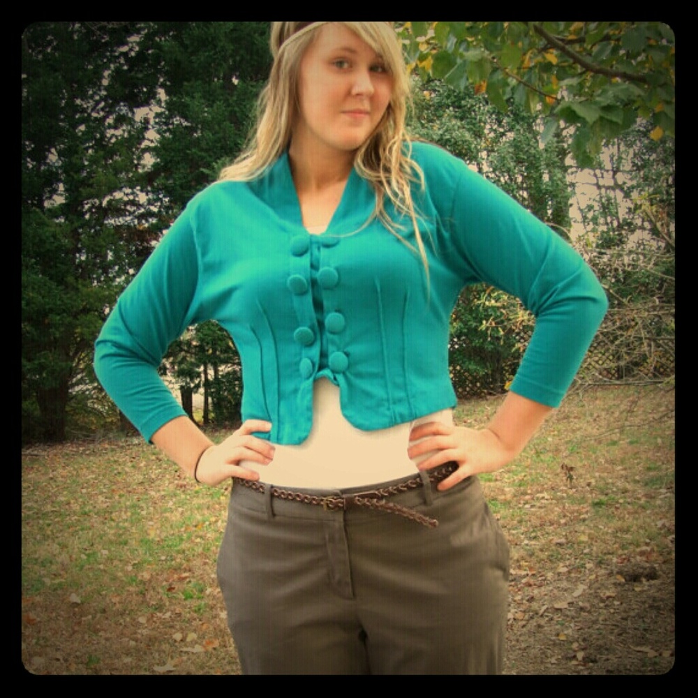 Vintage cropped lightweight jersey blazer jacket teal size 10